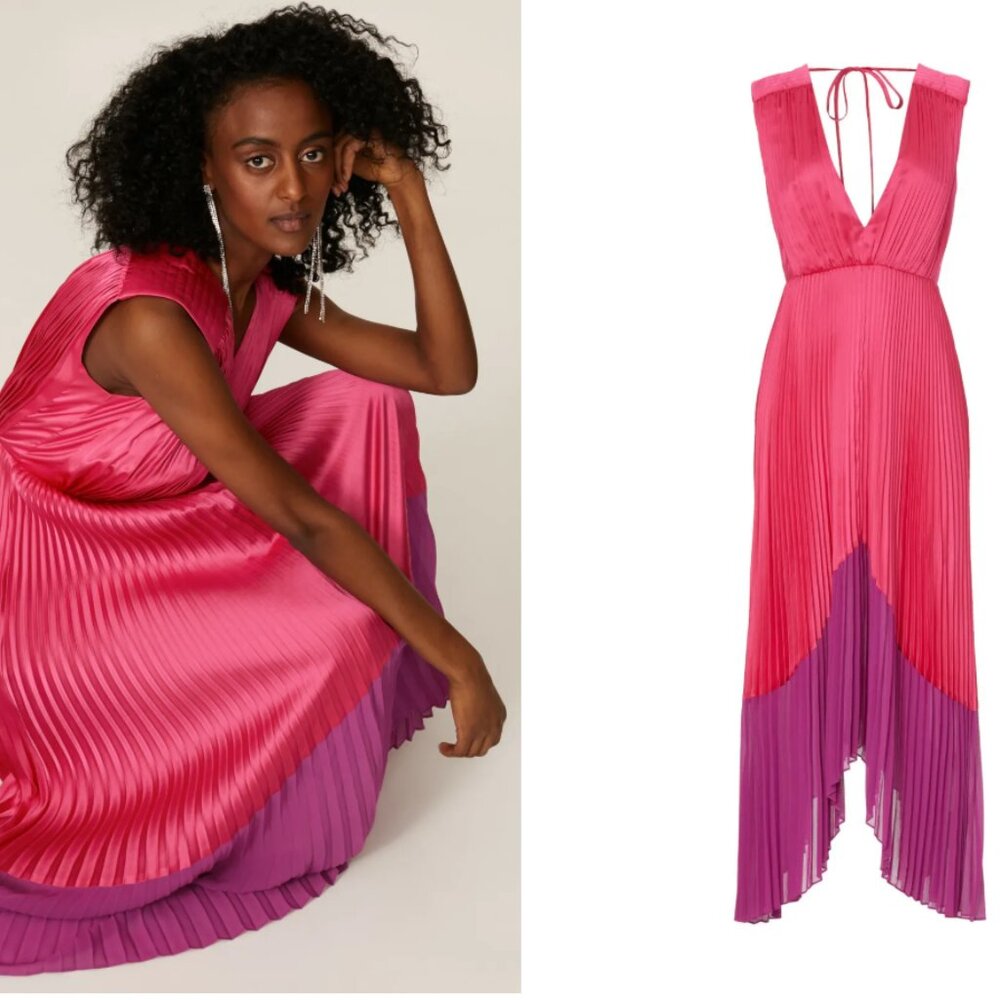 AMUR Pink and Purple Pleated V‑Neck Midi Dress